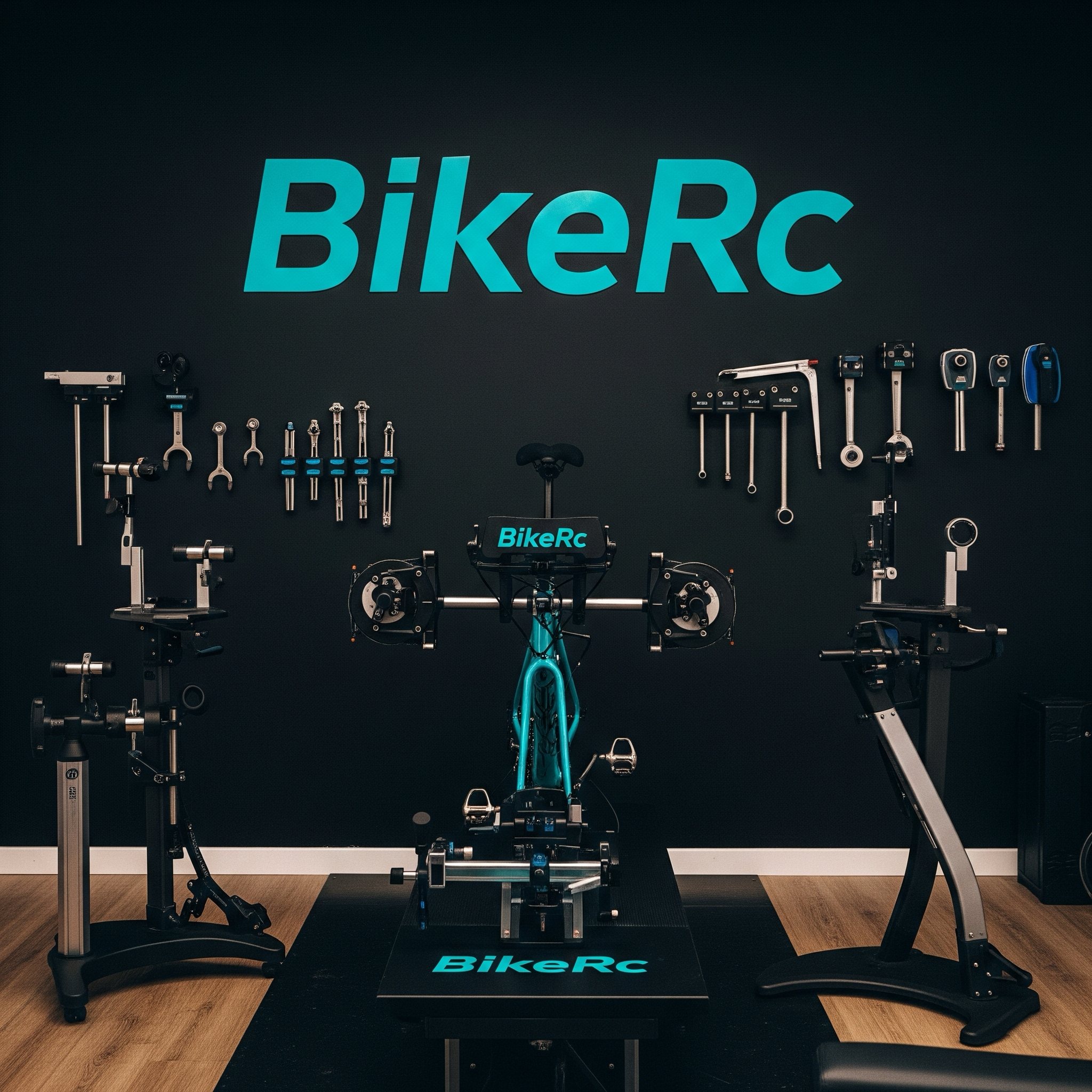 Studio BikeRc: logo na ciemnej ścianie, narzędzia i rower na stanowisku